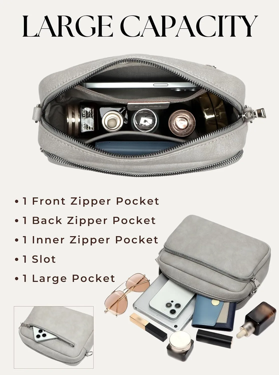 Crossbody Bags for Women, Small Cross Body Purse Vegan Leather Triple Zip Shoulder Handbag with Adjustable Wide Strap