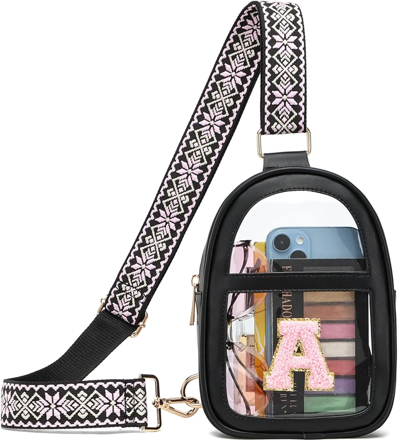 Cryster Clear Bag for Stadium Events | Clear Crossbody Bag for Women | Clear Purse Bag with Chenille Initial A Patch for Concerts Sports Festivals, Black