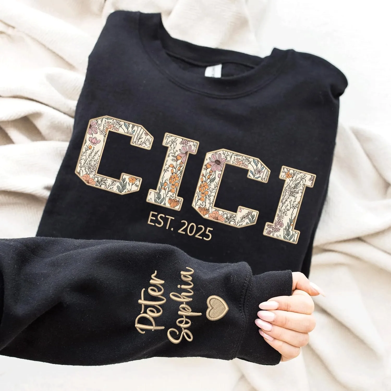 Custom Grandma Embroidered Sweatshirt, New Mom Gifts, Mama Floral Applique Sweatshirt