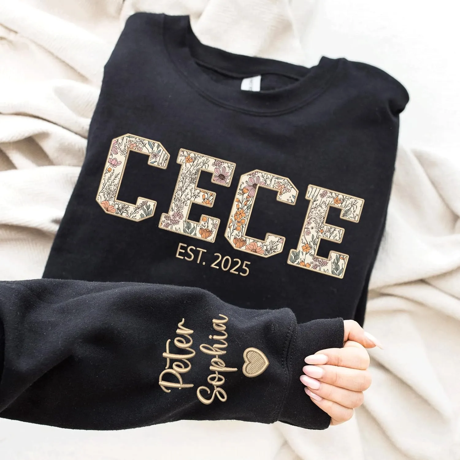 Custom Grandma Embroidered Sweatshirt, New Mom Gifts, Mama Floral Applique Sweatshirt