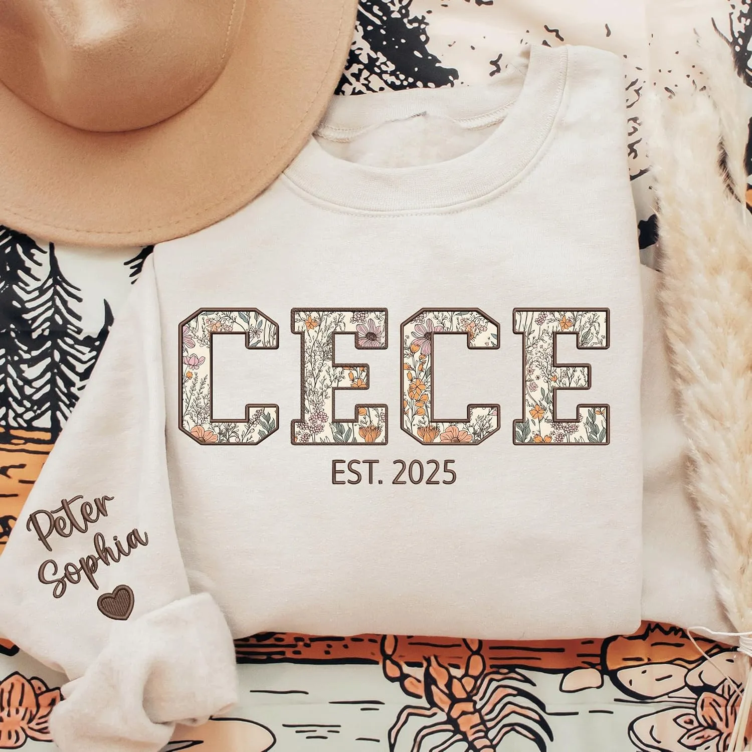 Custom Grandma Embroidered Sweatshirt, New Mom Gifts, Mama Floral Applique Sweatshirt