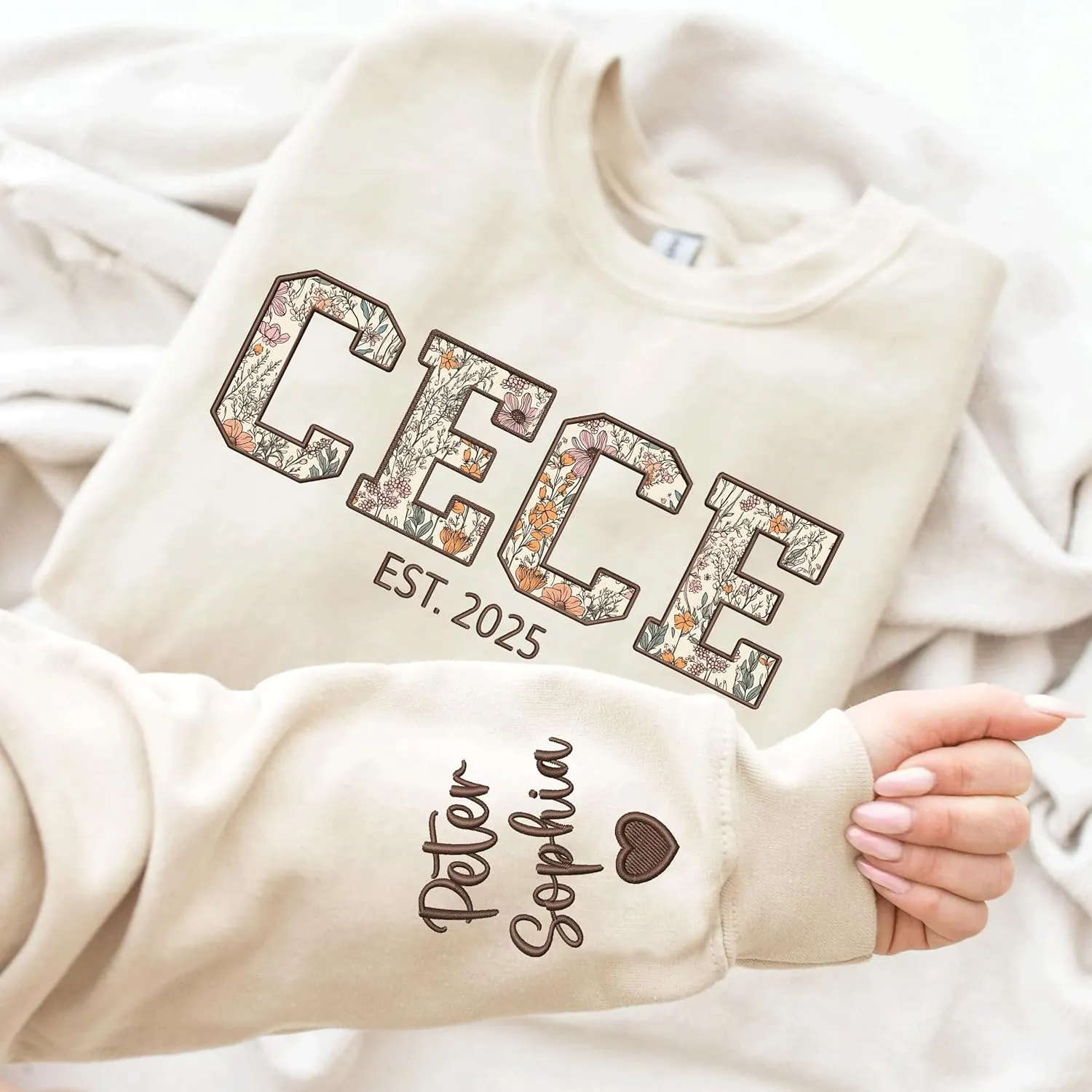 Custom Grandma Embroidered Sweatshirt, New Mom Gifts, Mama Floral Applique Sweatshirt