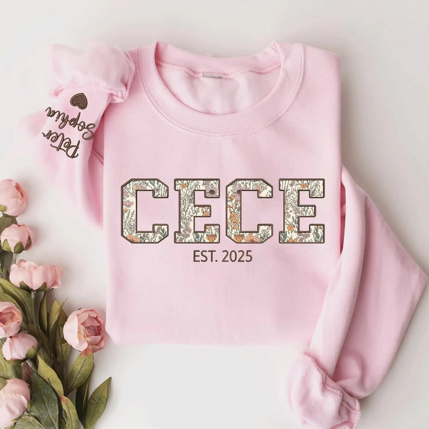 Custom Grandma Embroidered Sweatshirt, New Mom Gifts, Mama Floral Applique Sweatshirt