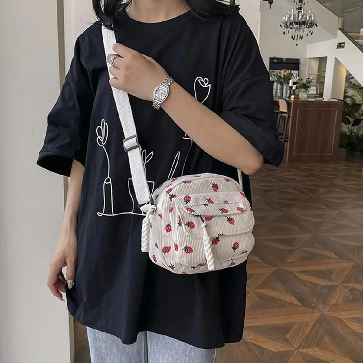 Cute Bags Kawaii Purse Wallets Aesthetic Small Corduroy Crossbody Bag with Bear Keychains Kawaii Gift for Women Teen Girls