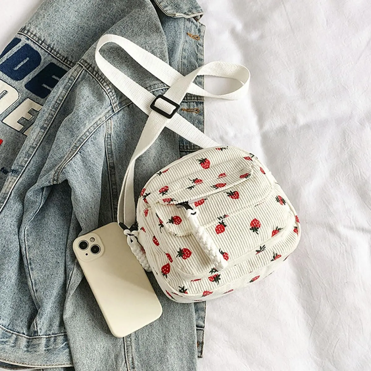 Cute Bags Kawaii Purse Wallets Aesthetic Small Corduroy Crossbody Bag with Bear Keychains Kawaii Gift for Women Teen Girls