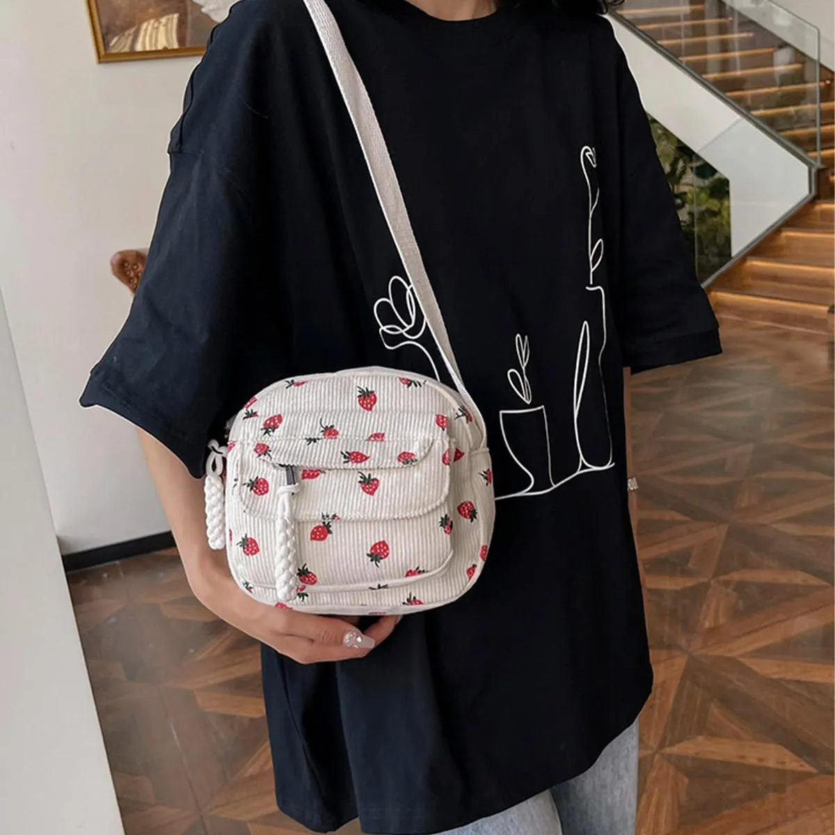 Cute Bags Kawaii Purse Wallets Aesthetic Small Corduroy Crossbody Bag with Bear Keychains Kawaii Gift for Women Teen Girls