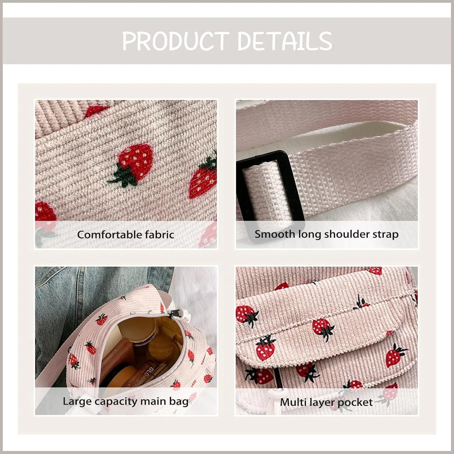 Cute Crossbody Bag For Women Girls Strawberry Purse Corduroy Tote Bag Fashion Chain Shoulder Handbag Canvas Bags