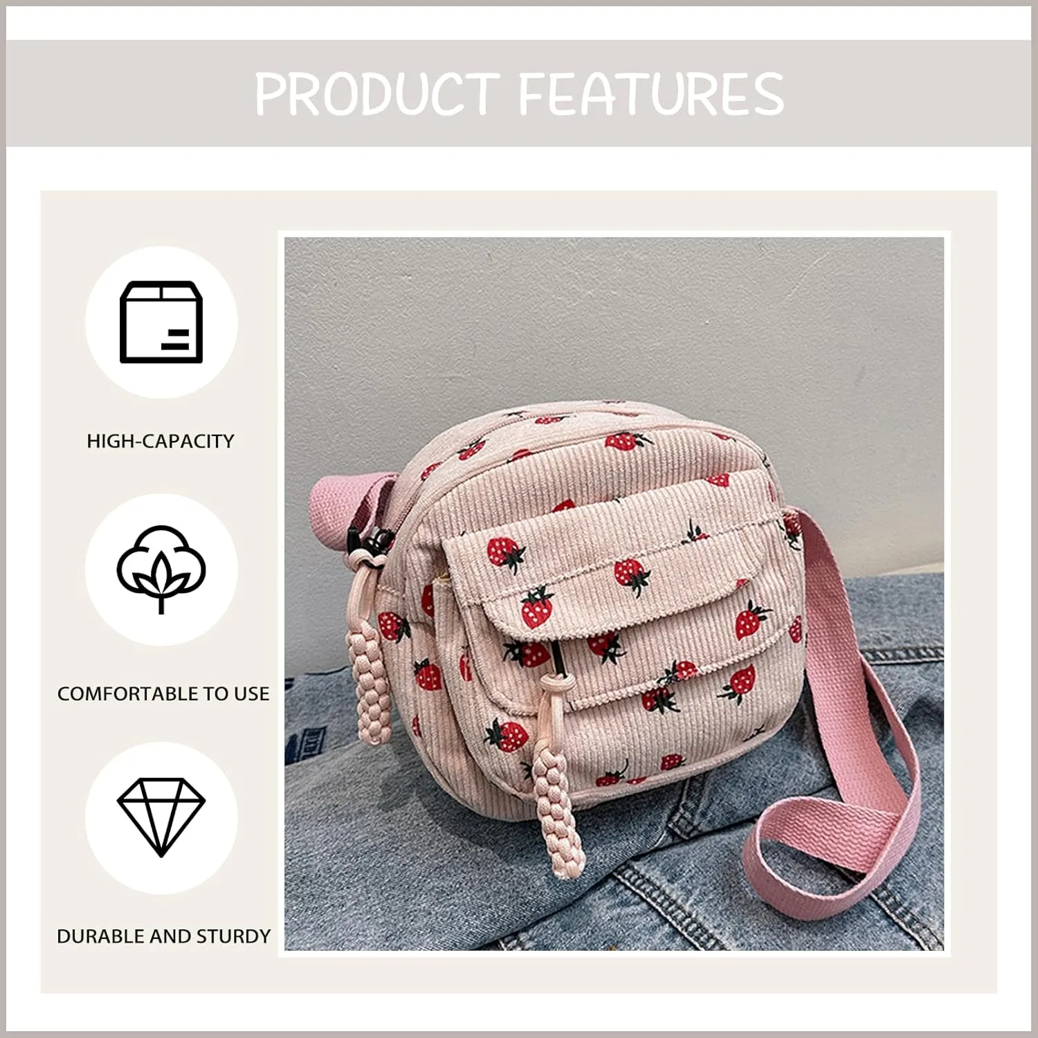 Cute Crossbody Bag For Women Girls Strawberry Purse Corduroy Tote Bag Fashion Chain Shoulder Handbag Canvas Bags