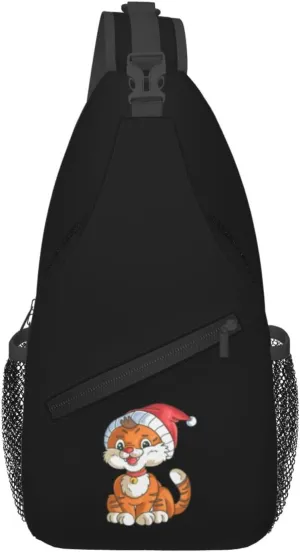 Cute Little Tiger Wearing A Christmas Hat Crossbody Bags For Women Men Chest Backpack Gym Shoulder Bag Travel Outdoor Sports Casual Crossbody Bags