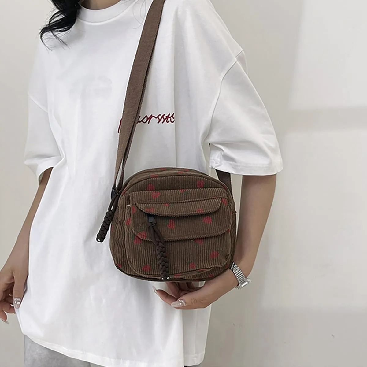 Cute Purses for Women Strawberry Bag Corduroy Tote Bag for Women Messenger Bag Cute Crossbody Bags Handbags