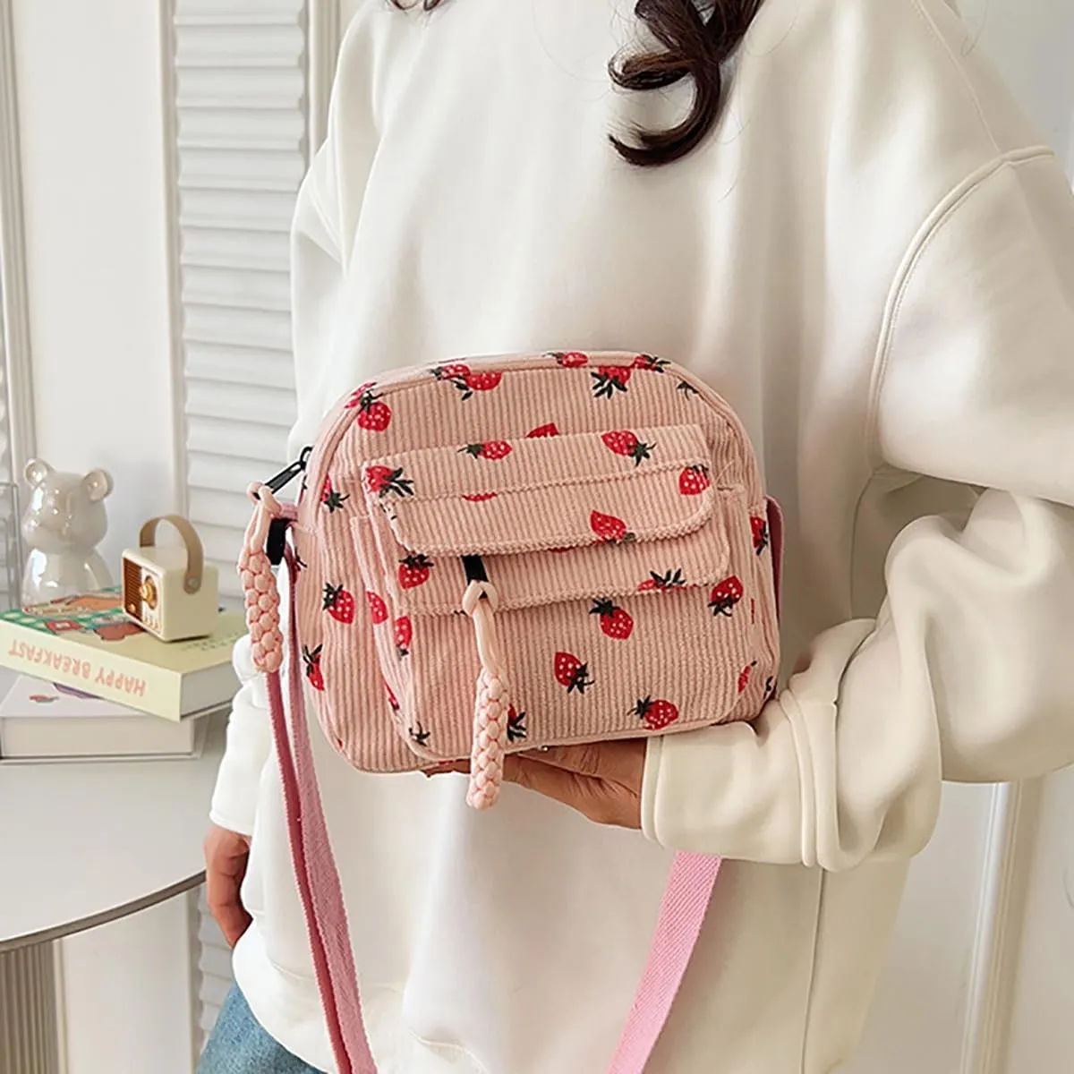 Cute Purses for Women Strawberry Bag Corduroy Tote Bag for Women Messenger Bag Cute Crossbody Bags Handbags
