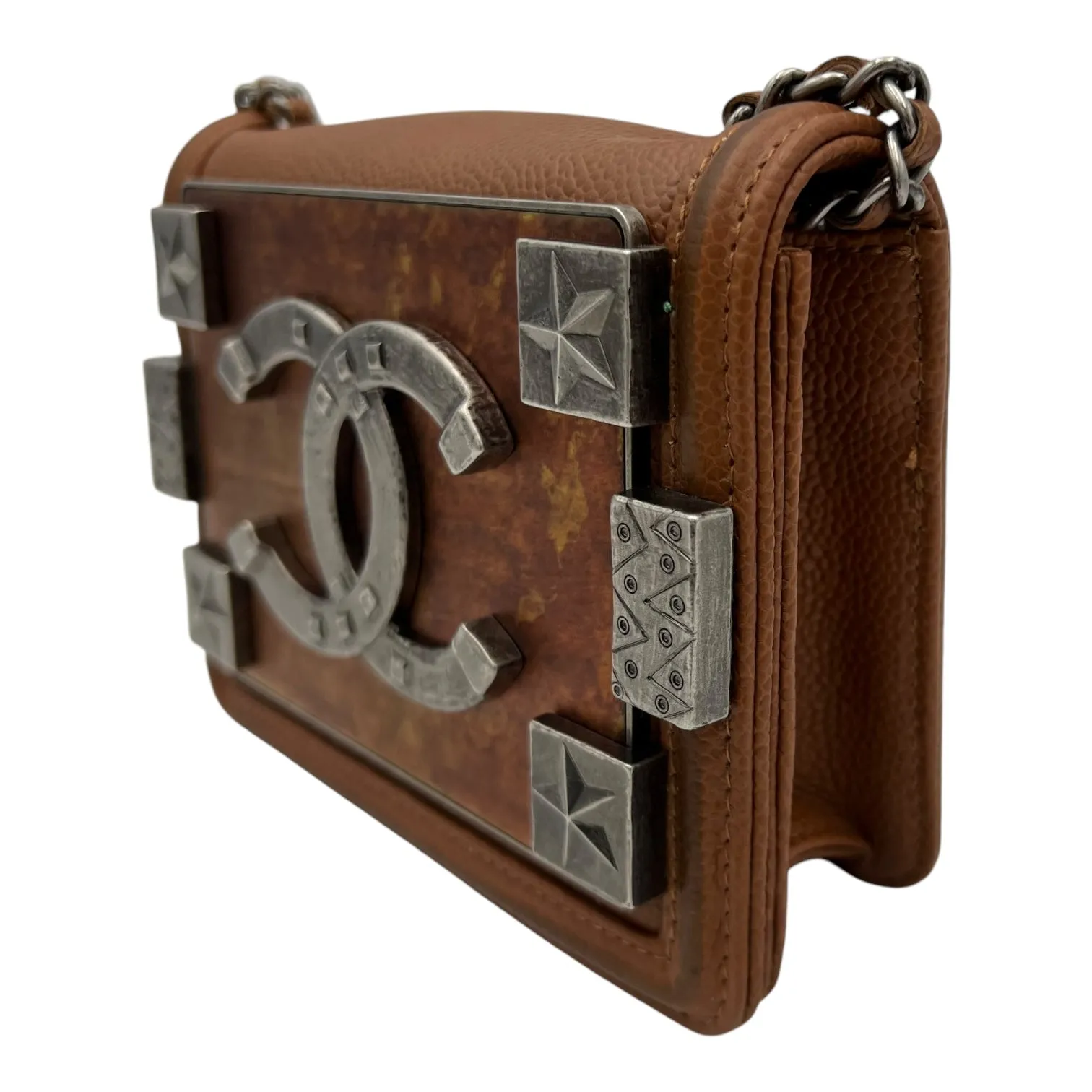 Dallas Boy Brick Crossbody Bag Brown in Caviar Leather, Ruthenium hardware