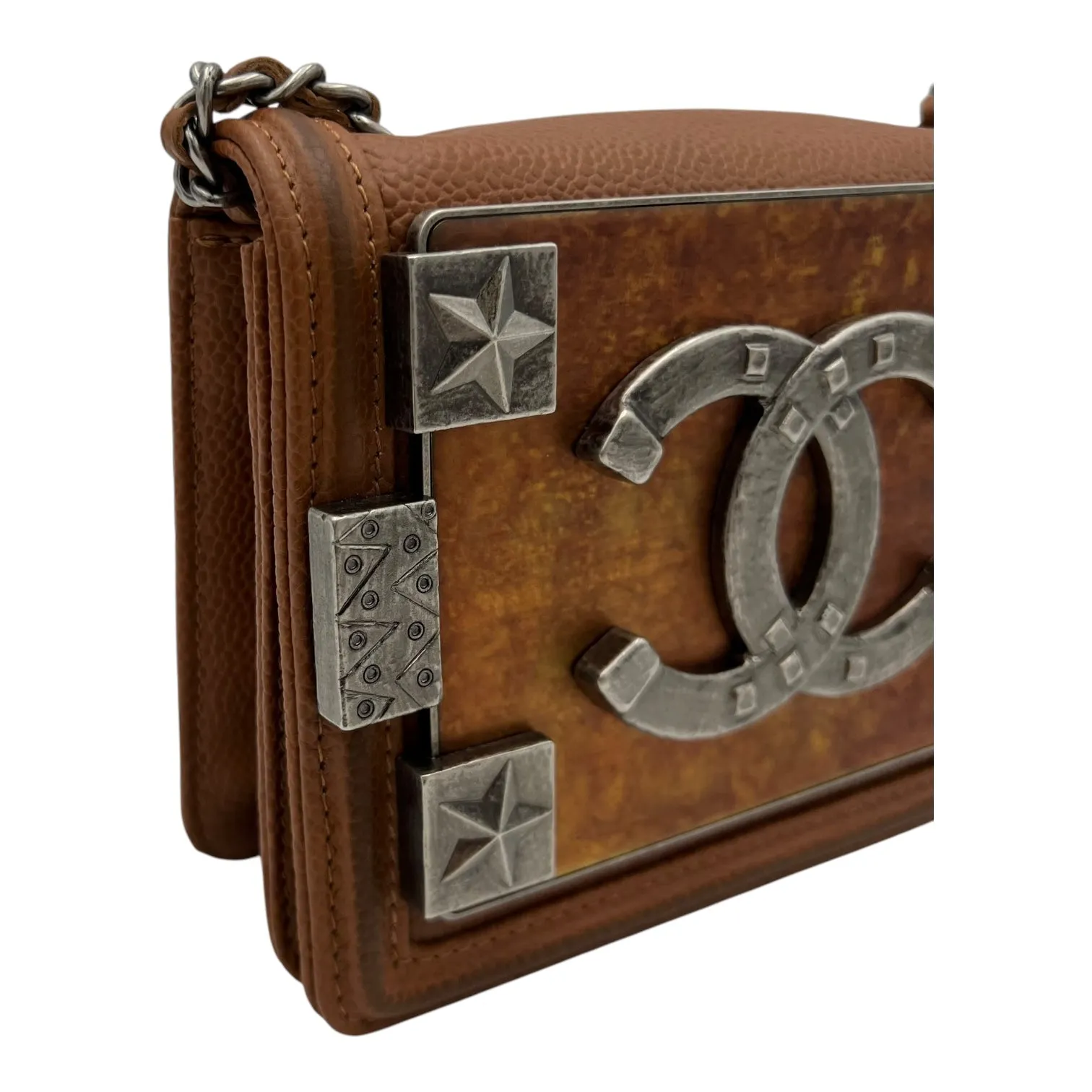 Dallas Boy Brick Crossbody Bag Brown in Caviar Leather, Ruthenium hardware