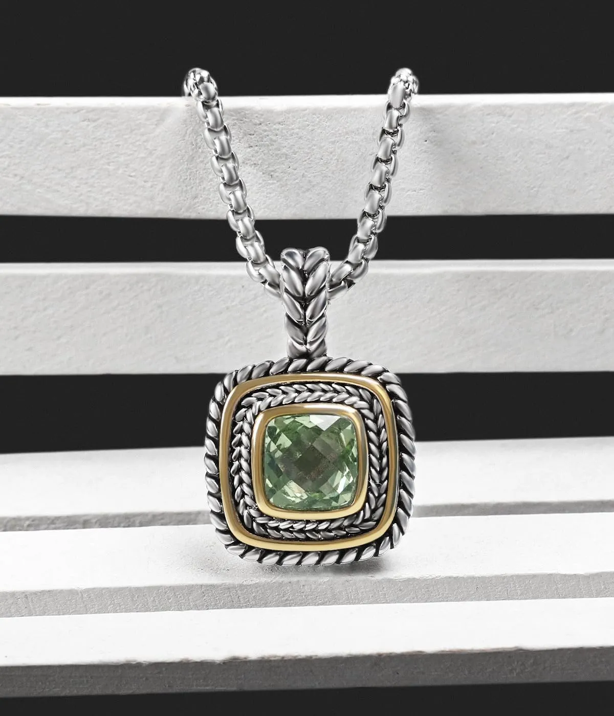 Designer Inspired 7MM CZ Pendant Necklace for Women 18K Gold Plated Two Tone Wheat Cable Necklaces