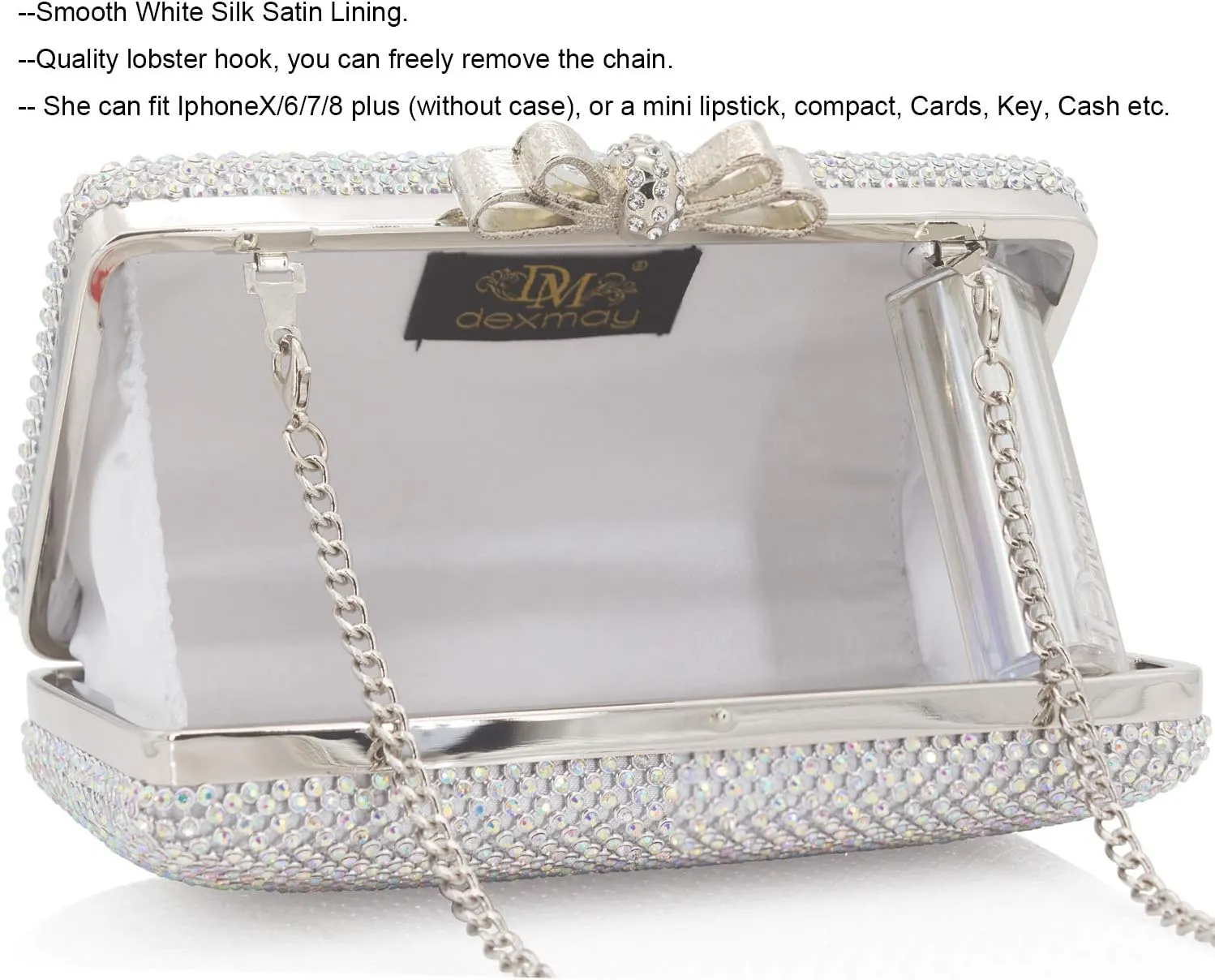Dexmay Rhinestone Clutch Purse with Crystal Bow Clasp Evening Bag Wedding Party Dressy Handbag