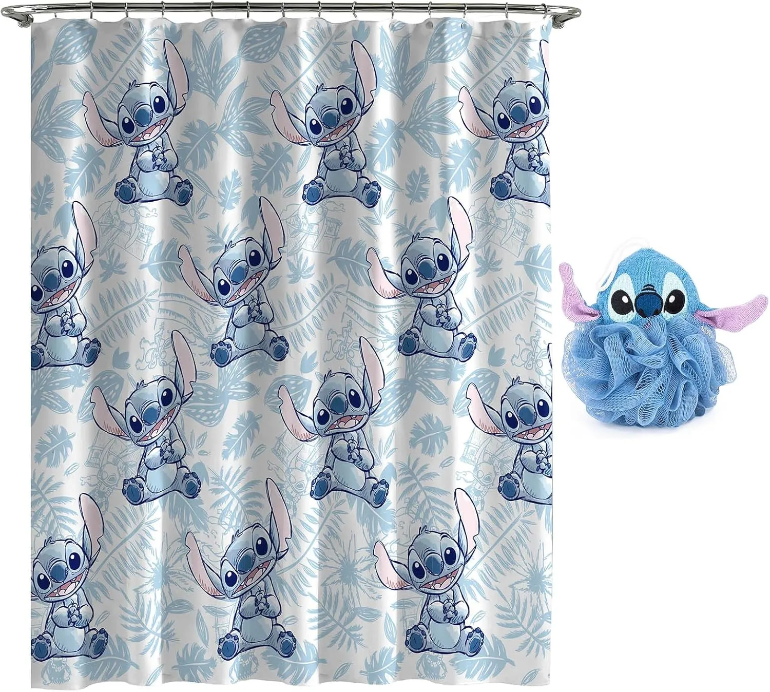 Disney Lilo & Stitch 2 Piece Bathroom Set – White & Blue Floral Shower Curtain & Loofah Body Scrubber
