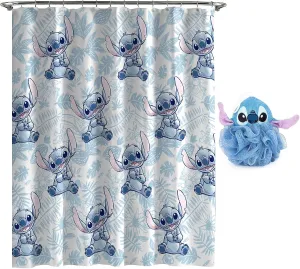 Disney Lilo & Stitch 2 Piece Bathroom Set – White & Blue Floral Shower Curtain & Loofah Body Scrubber