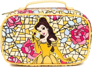 Disney Vegan Leather Travel Cosmetic Bag, Make-Up Bag for Women, Beauty and the Beast Belle Rose Pose Applique Stained Glass Print, Vegan Leather