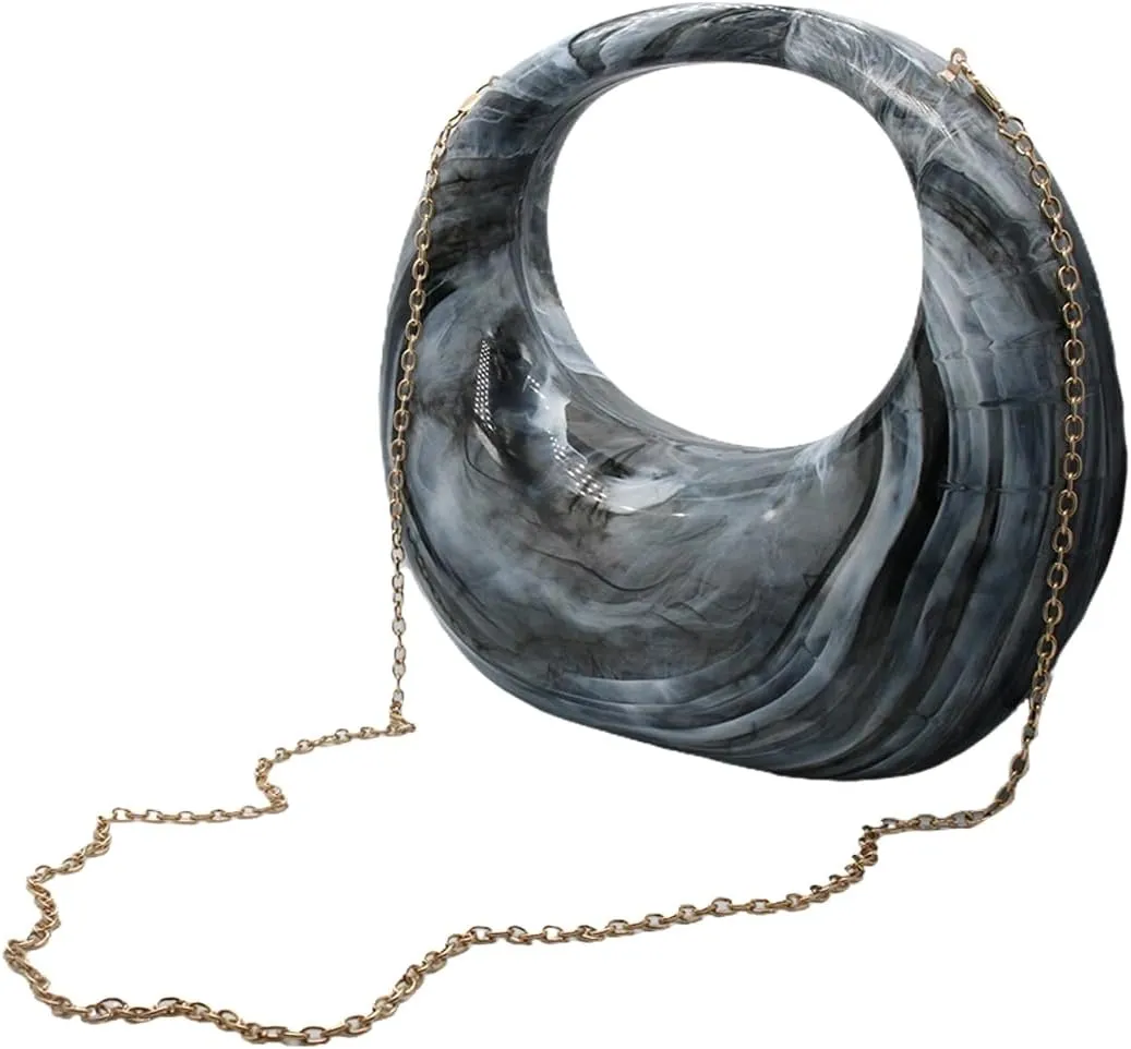 DJBM Crescent Acrylic Clutch Purse Top Handle Moon Hobo Bag Marble Acrylic Evening Handbag for Wedding Party Prom