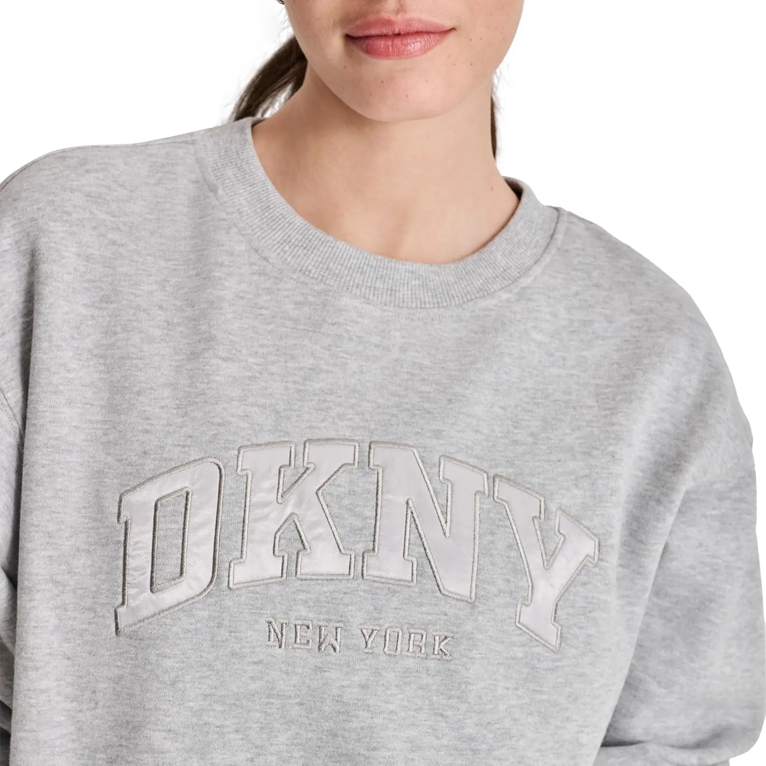 DKNY womens Satin Applique Varsity Logo Crewneck Fleece Sweatshirt