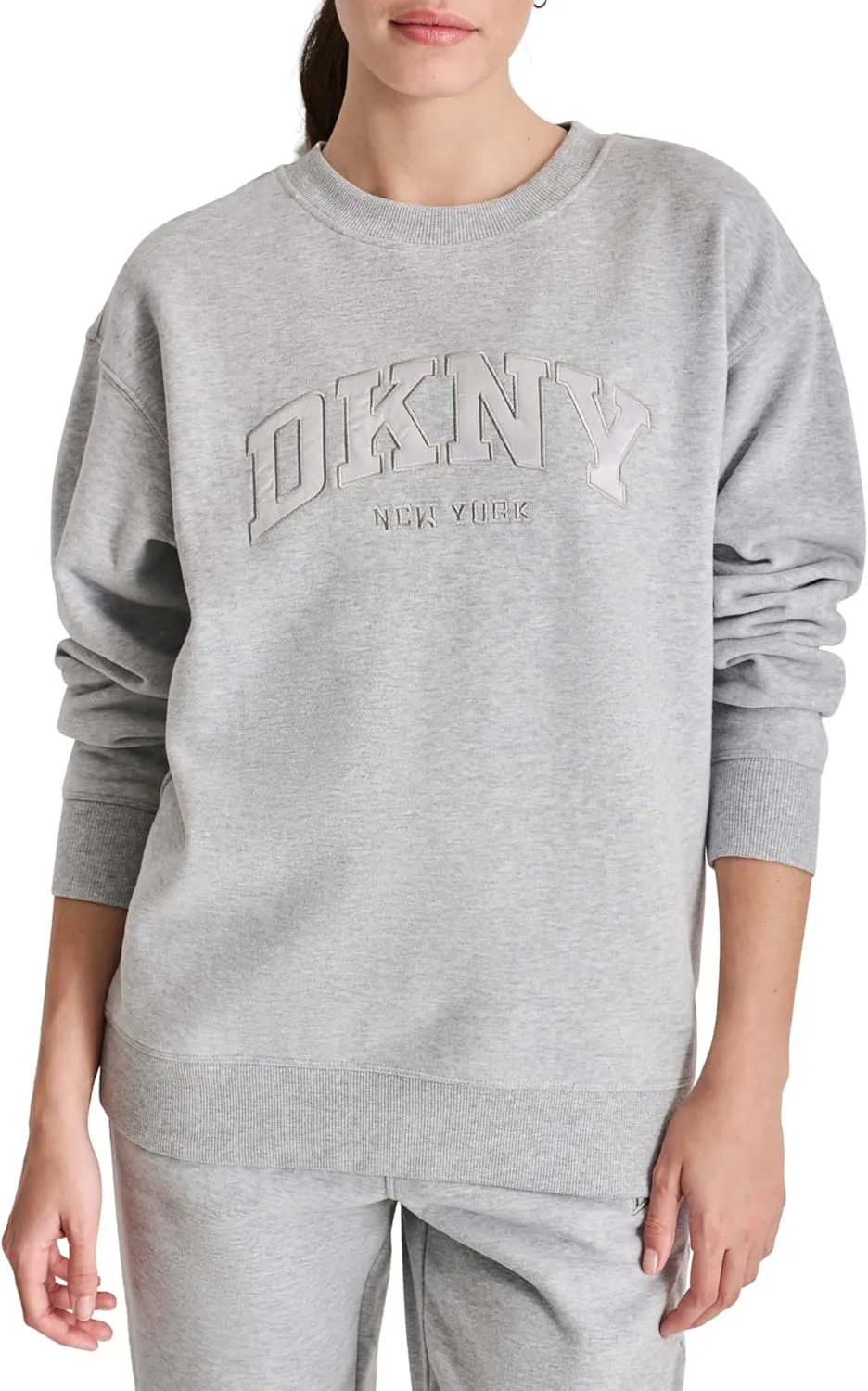 DKNY womens Satin Applique Varsity Logo Crewneck Fleece Sweatshirt