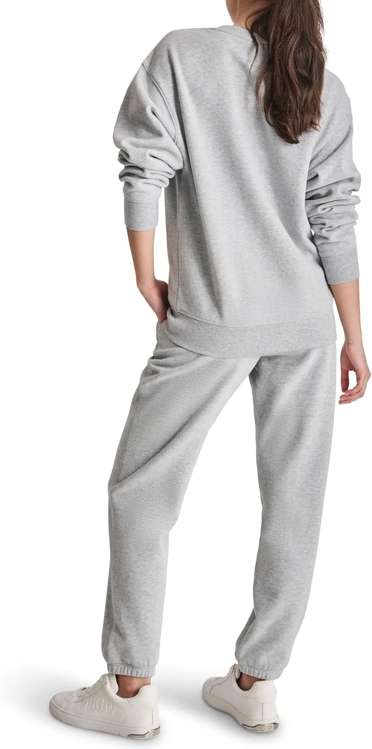 DKNY womens Satin Applique Varsity Logo Crewneck Fleece Sweatshirt