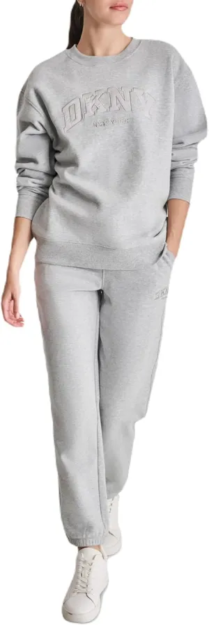 DKNY womens Satin Applique Varsity Logo Crewneck Fleece Sweatshirt