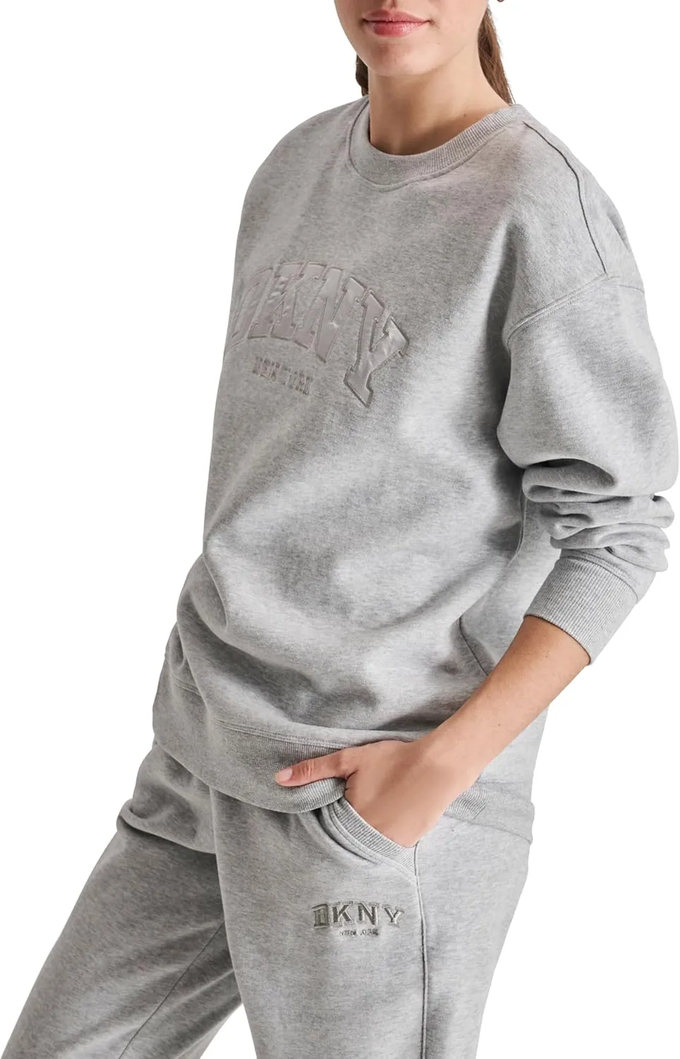DKNY womens Satin Applique Varsity Logo Crewneck Fleece Sweatshirt