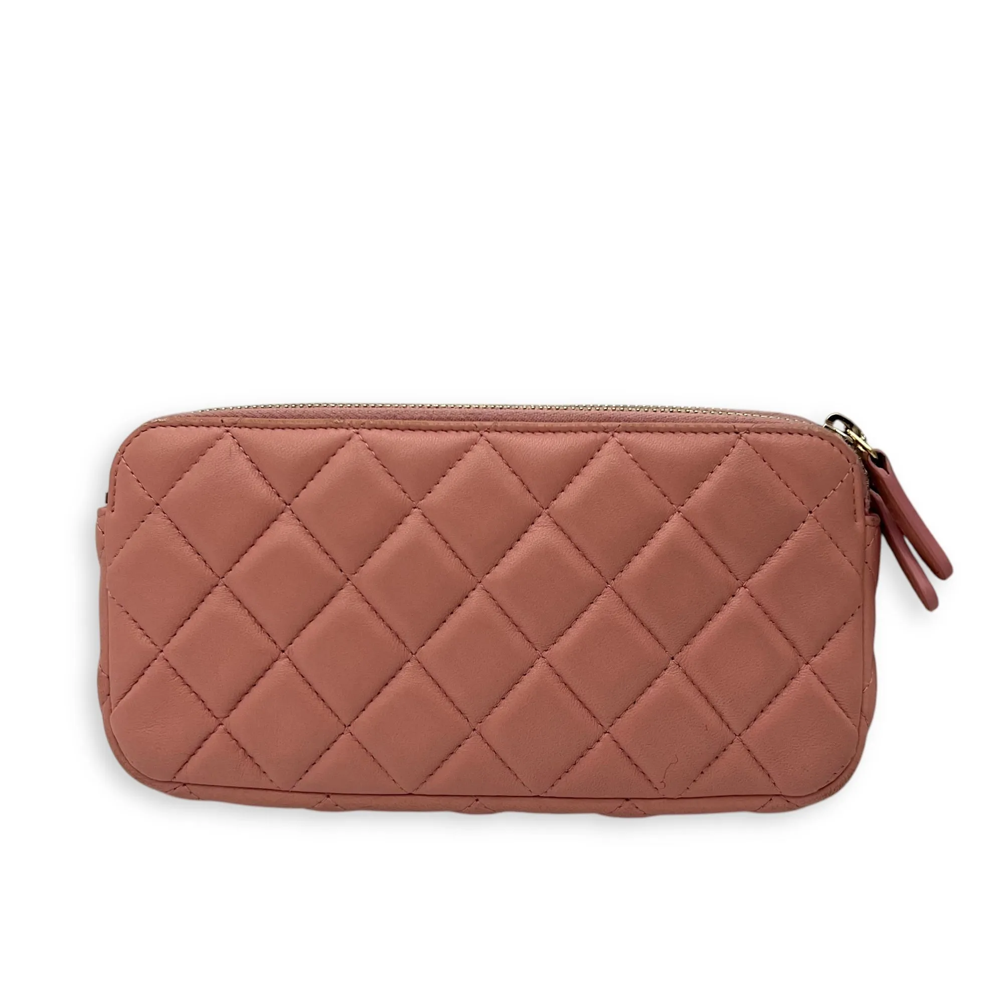 Double Zipped Pink Clutch with Chain in Lambskin, Gold hardware