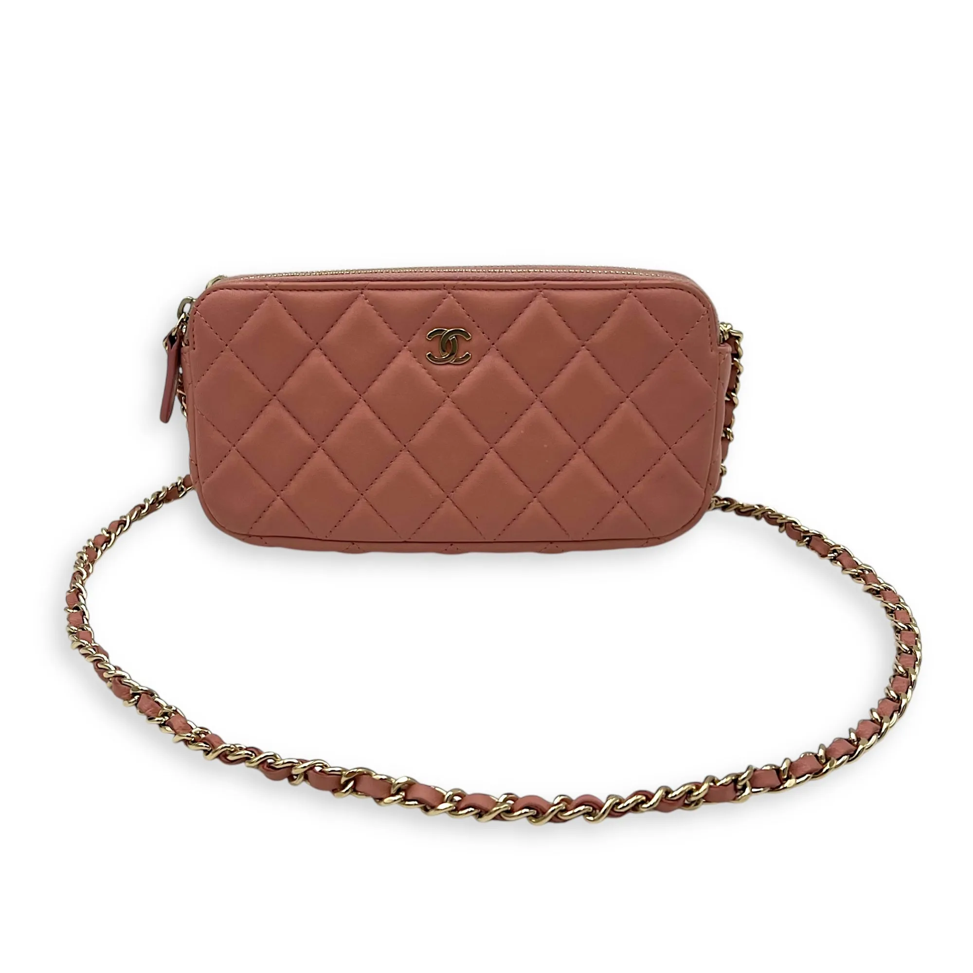 Double Zipped Pink Clutch with Chain in Lambskin, Gold hardware