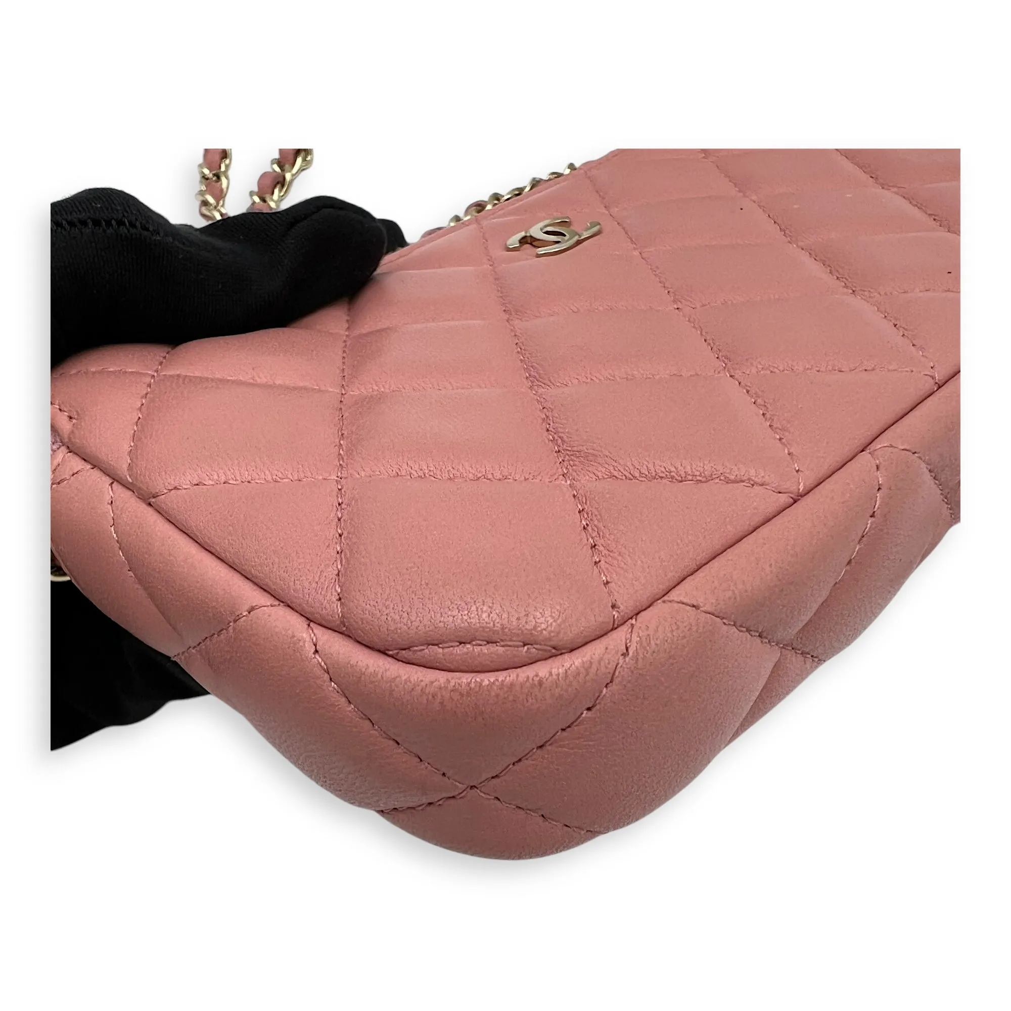 Double Zipped Pink Clutch with Chain in Lambskin, Gold hardware