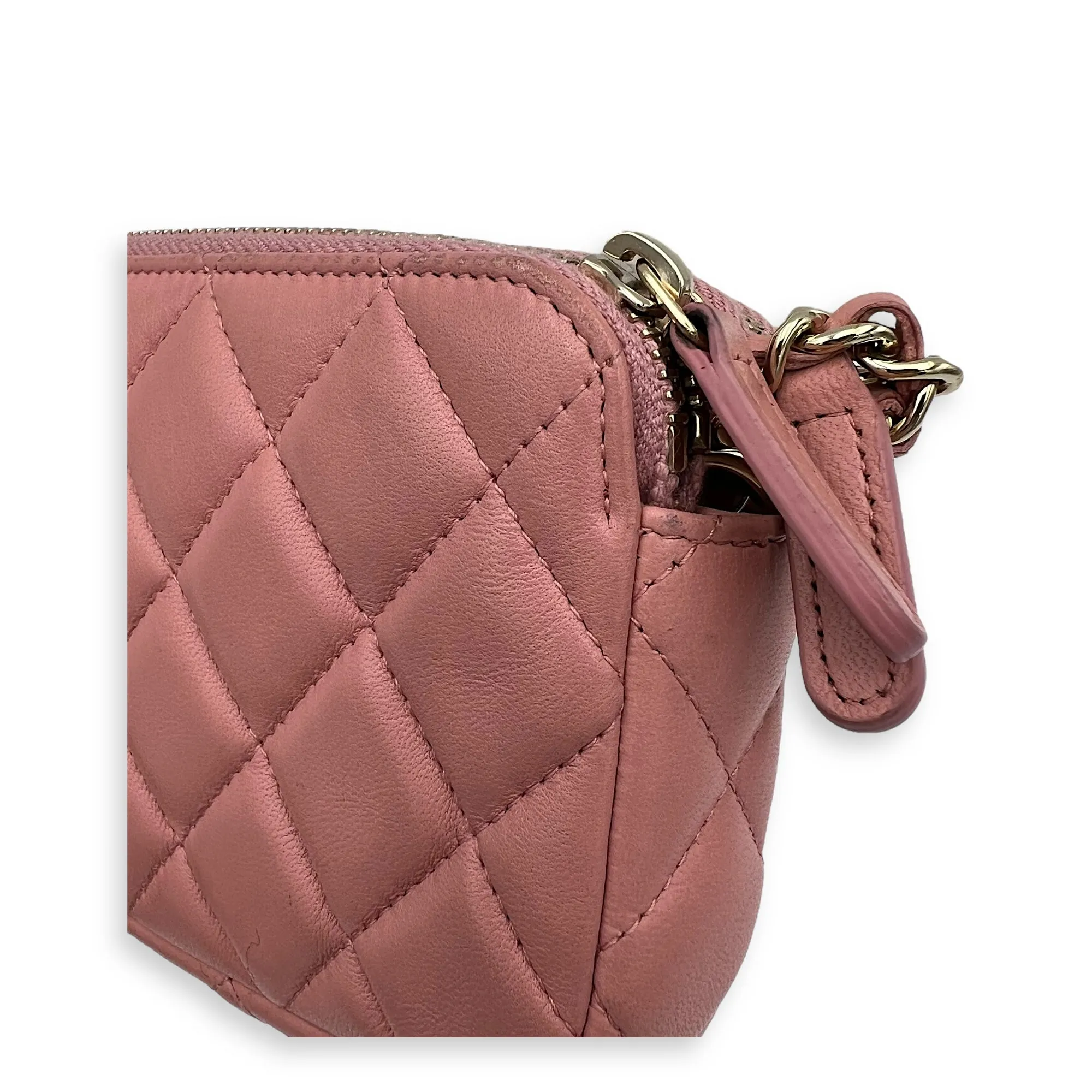 Double Zipped Pink Clutch with Chain in Lambskin, Gold hardware