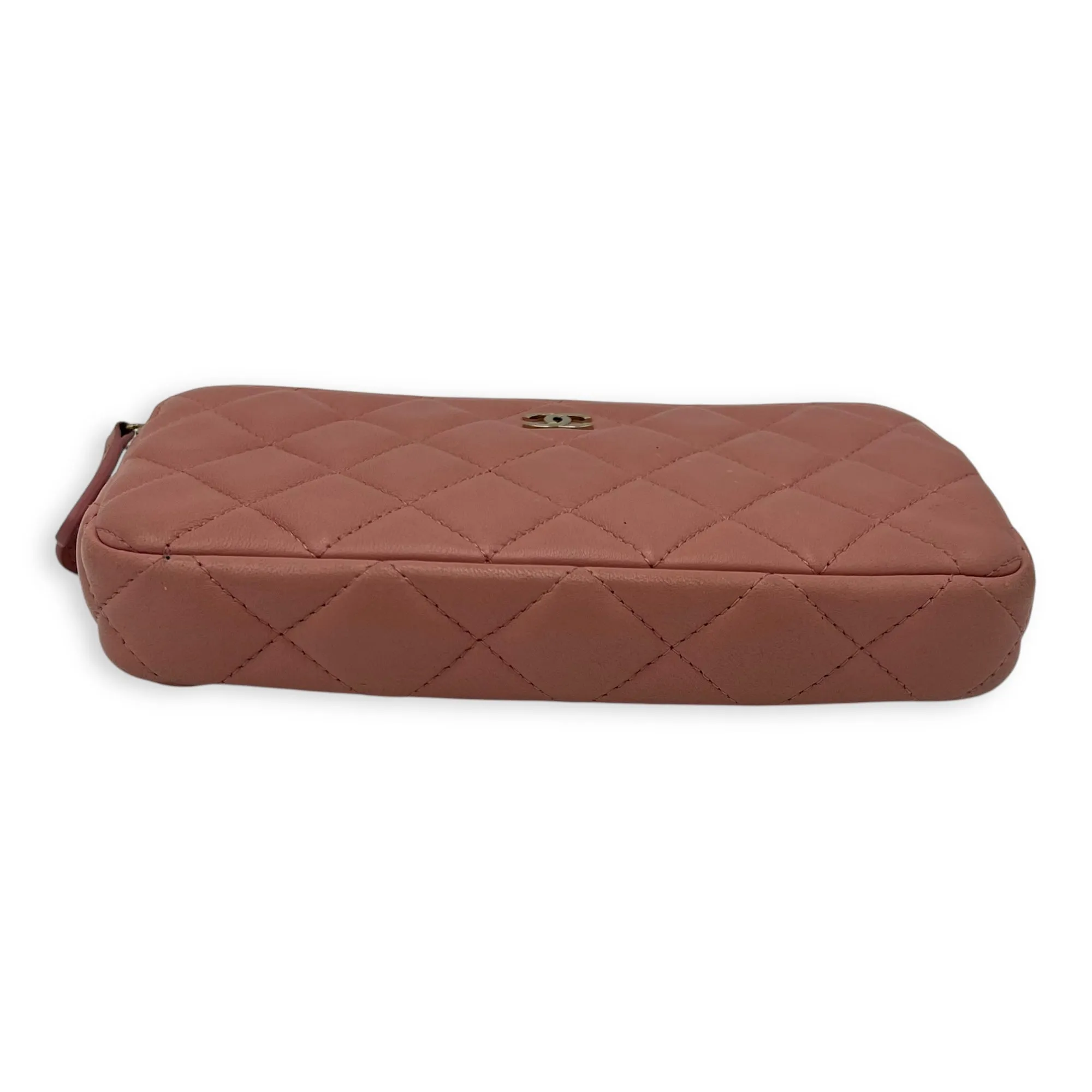 Double Zipped Pink Clutch with Chain in Lambskin, Gold hardware