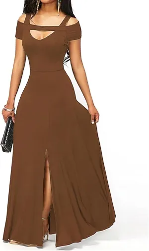 Dresses for Women 2025 Sexy Hollowed Out Cold Shoulder Maxi Sundress Beach Flowy Side Split Formal Party Dress
