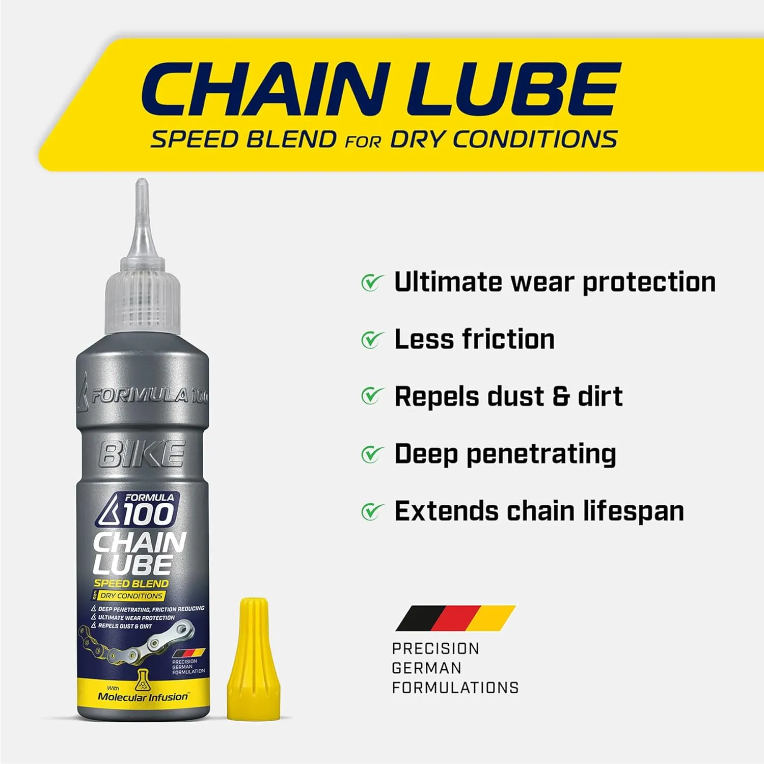Dry Conditions Bike Chain Lube – Dry Weather Lubricant for Bicycles & Electric Bikes – Deep Penetration, Extends Lifetime, Protects Against Corrosion – 120ml (4.06 oz)
