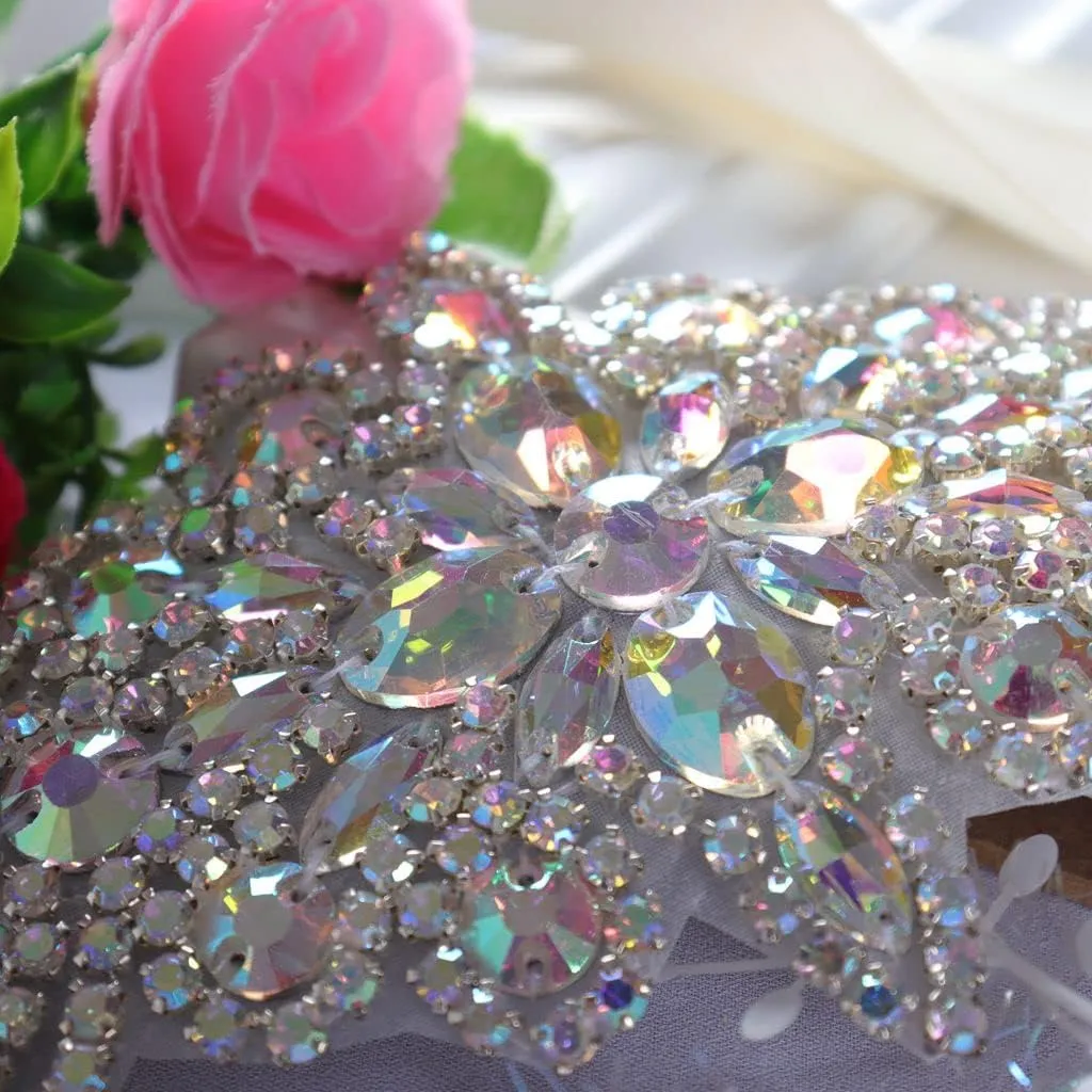 DUOBAO 2PCS Rhinestone Bead Silver Applique Belt Bridal Accessories Crystal Trim Rhinestones Beaded Appliques Wedding Dress Sash Belts Headband DIY
