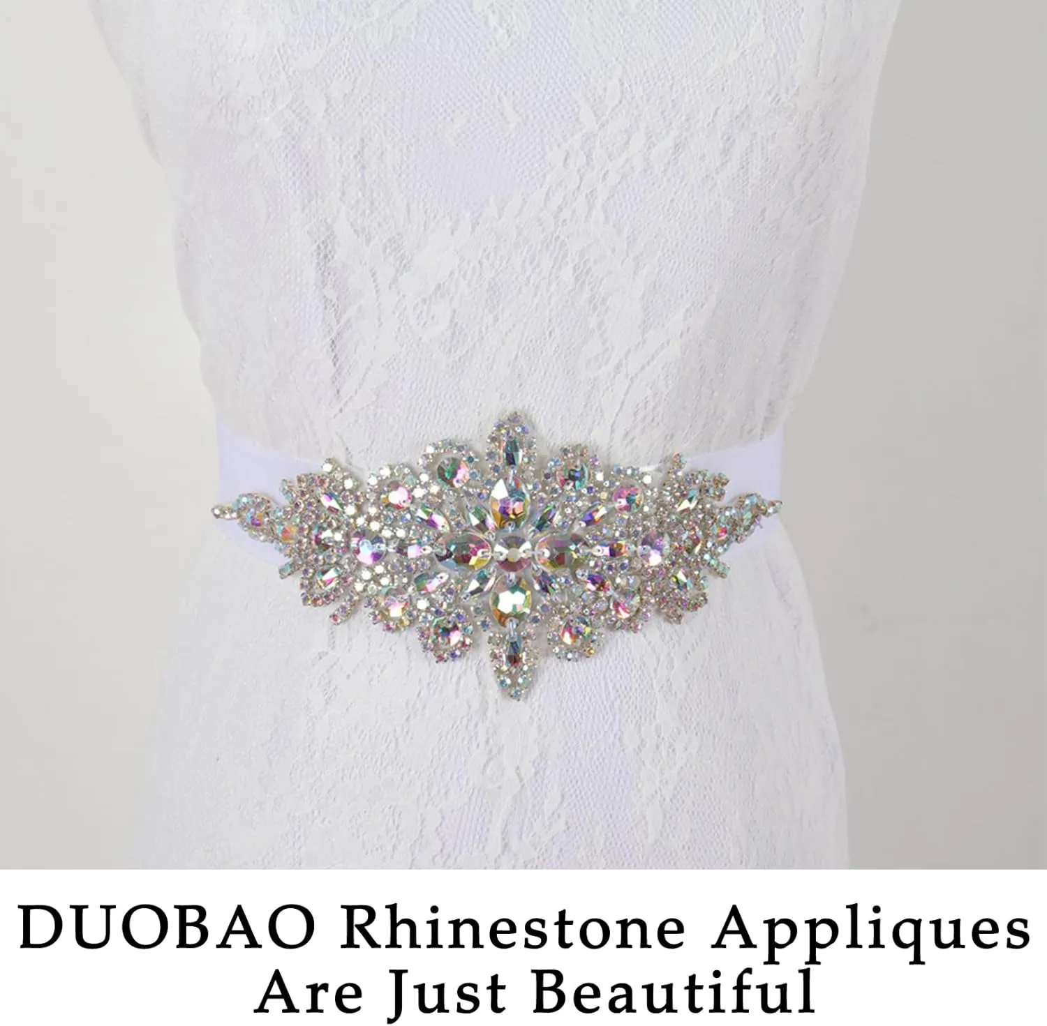 DUOBAO 2PCS Rhinestone Bead Silver Applique Belt Bridal Accessories Crystal Trim Rhinestones Beaded Appliques Wedding Dress Sash Belts Headband DIY