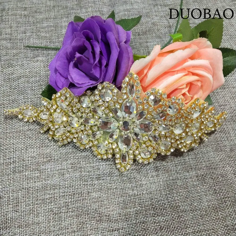 DUOBAO Gold Wedding Rhinestone Applique Rhinestone Belt Accessories Crystals Wedding Dress Sash Crystal Belts Sewing Appliques for Shoes