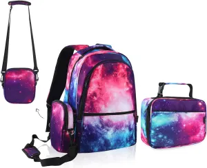 E-Clover Galaxy Backpack for Girls Kids Backpacks with Lunch Box Set School Bag for Elementary Kindergarten Purple Space