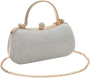 Elegant Evening Clutch Purse with Rhinestone Handle, Gold Chain Strap, 7.8 x 3.9 x 3.1 inches