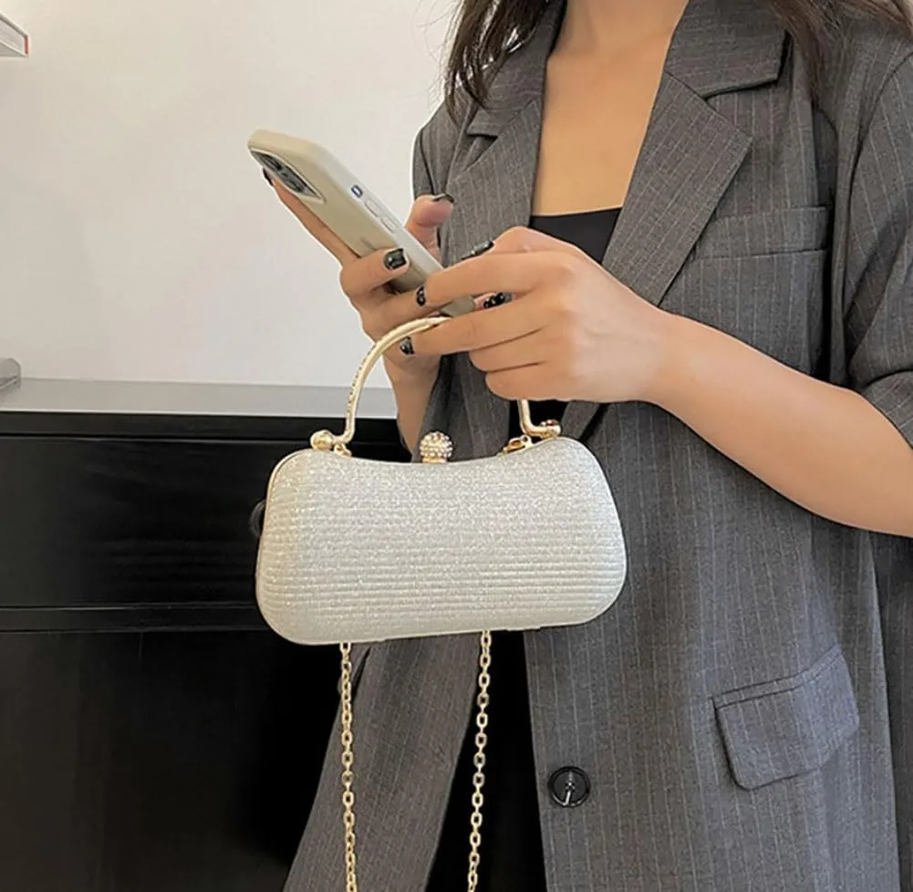 Elegant Evening Clutch Purse with Rhinestone Handle, Gold Chain Strap, 7.8 x 3.9 x 3.1 inches