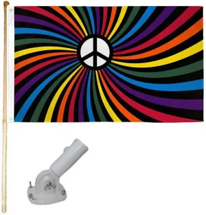 Embroidered and Applique Patches - 5' Wooden Flag Pole Kit W/Nylon White Bracket 3x5 Rainbow Peace Swirl Poly Flag - Applique and Embroidered Patches