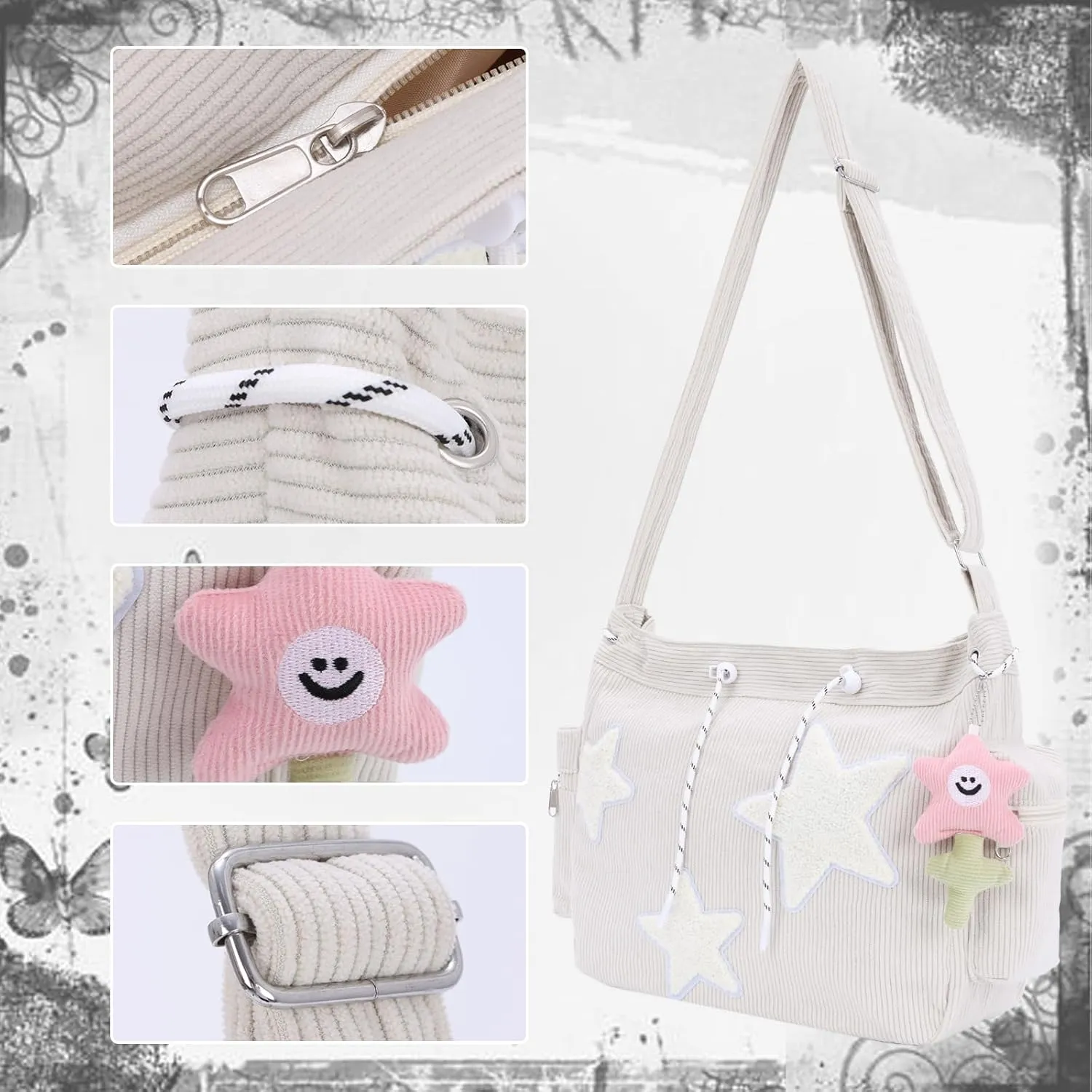 Emprier Star Tote Hobo Bag for Women Large Corduroy Crossbody Bag Y2K Cute Tote Bags Aesthetic Messenger Handbag