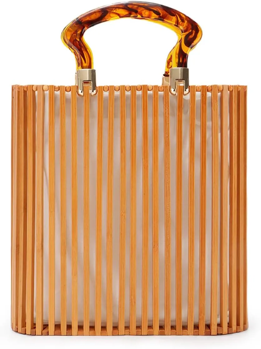 Emprier Vintage Bamboo Bag with Acrylic Handle Summer Beach Clutch Purse Handbags Bamboo Bucket Bag