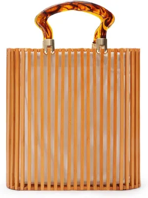 Emprier Vintage Bamboo Bag with Acrylic Handle Summer Beach Clutch Purse Handbags Bamboo Bucket Bag
