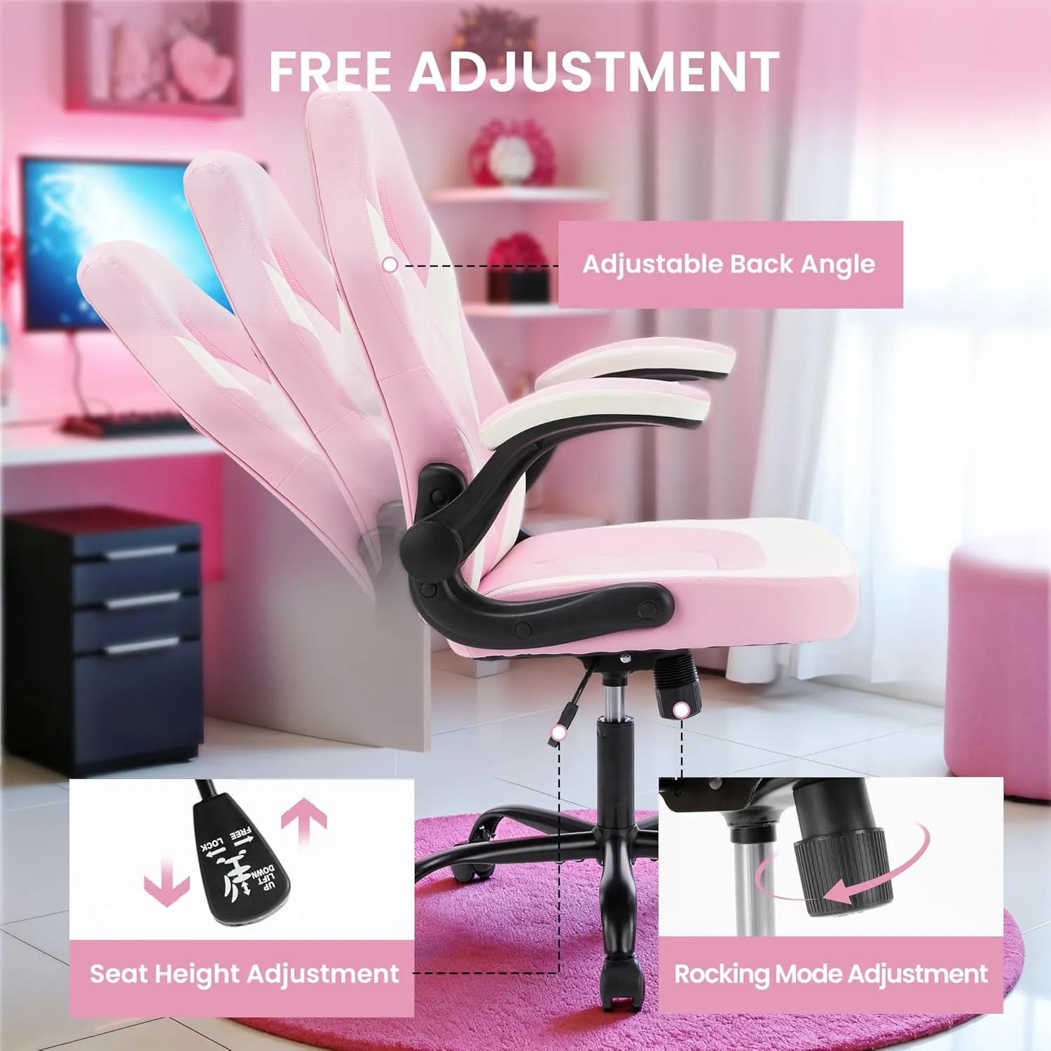 Ergonomic Gaming Chair with Adjustable PU Leather Seat, Flip-Up Armrests, and Swivel Design, Perfect for Home Office, Gaming, or Entertainment – Ideal for Adults, Kids, and Gamers, Pink/White