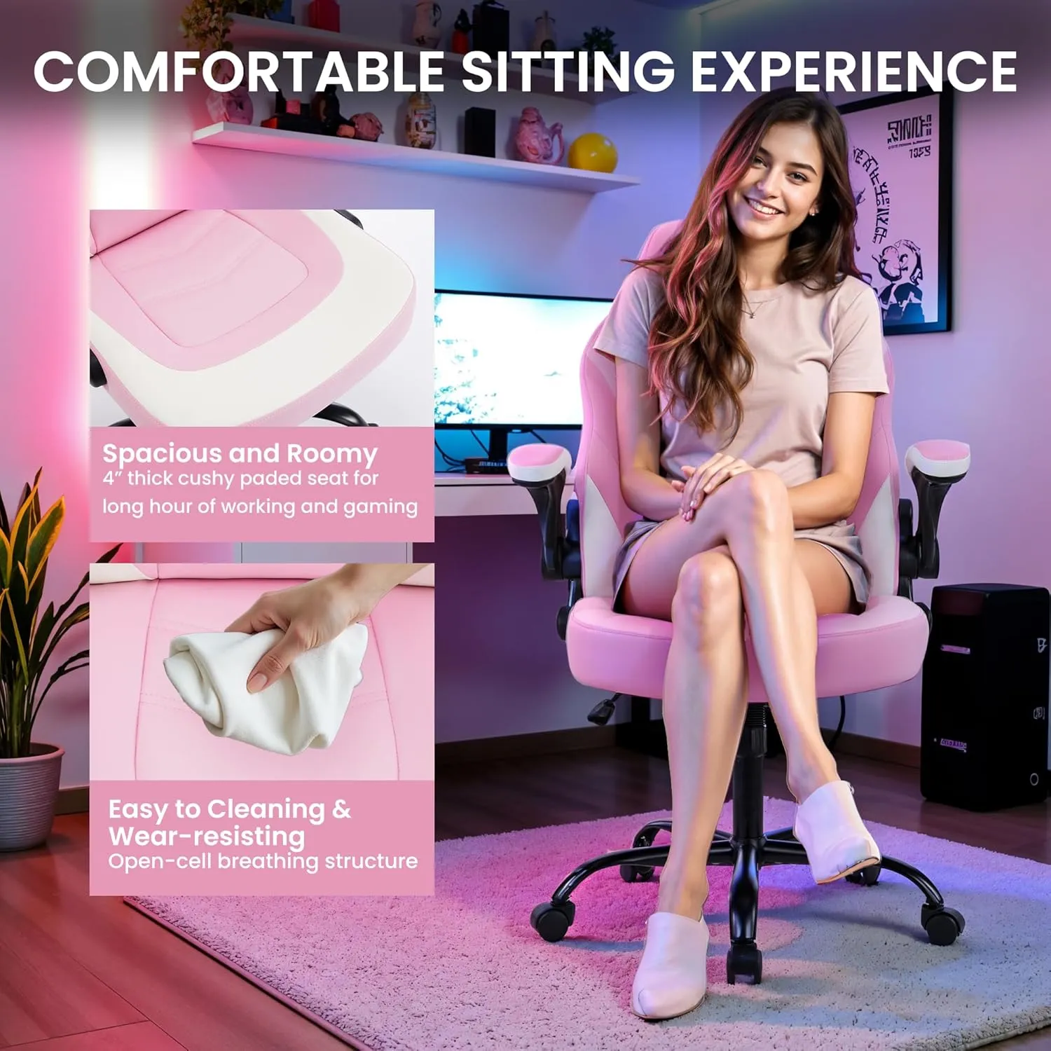 Ergonomic Gaming Chair with Adjustable PU Leather Seat, Flip-Up Armrests, and Swivel Design, Perfect for Home Office, Gaming, or Entertainment – Ideal for Adults, Kids, and Gamers, Pink/White