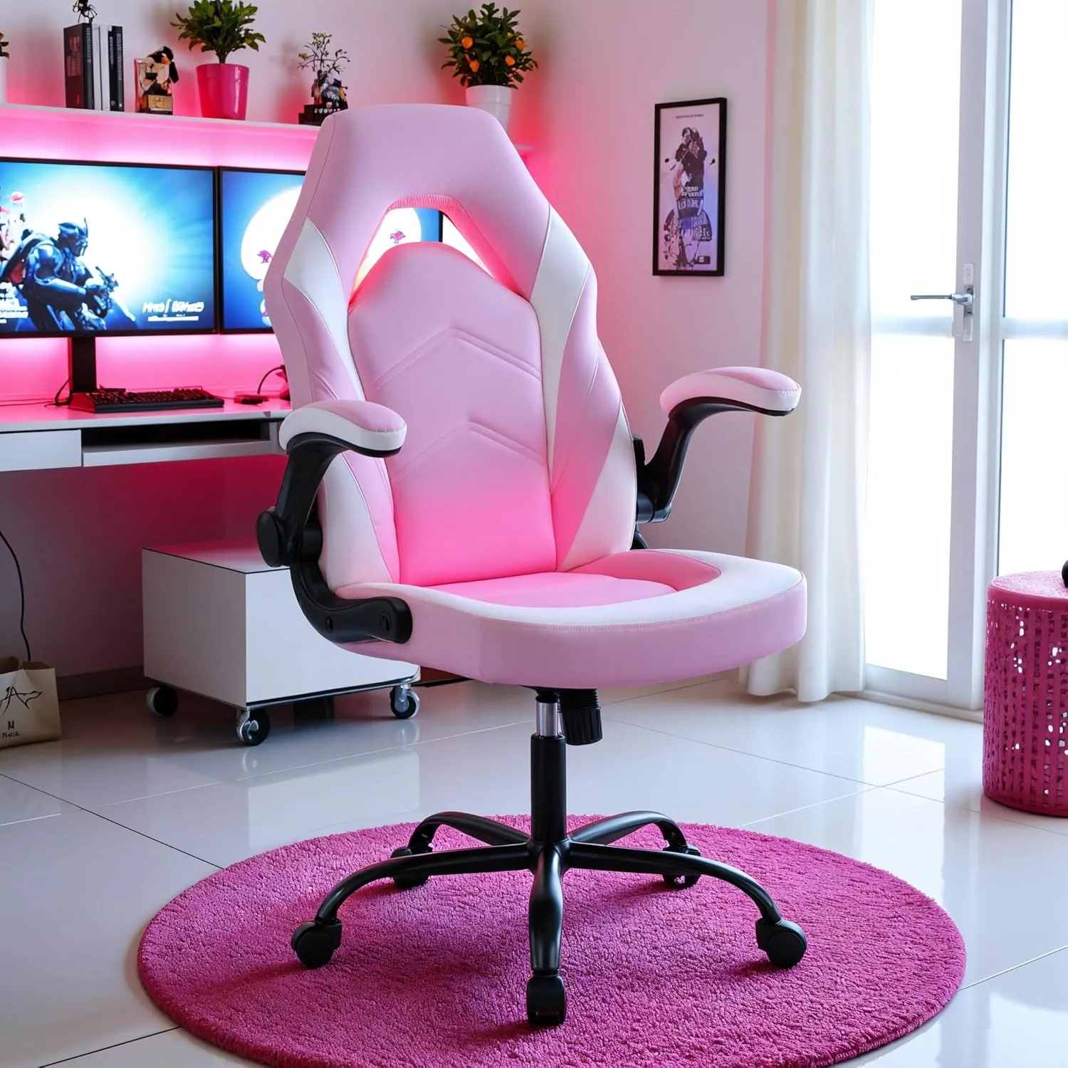 Ergonomic Gaming Chair with Adjustable PU Leather Seat, Flip-Up Armrests, and Swivel Design, Perfect for Home Office, Gaming, or Entertainment – Ideal for Adults, Kids, and Gamers, Pink/White