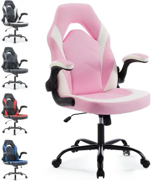 Ergonomic Gaming Chair with Adjustable PU Leather Seat, Flip-Up Armrests, and Swivel Design, Perfect for Home Office, Gaming, or Entertainment – Ideal for Adults, Kids, and Gamers, Pink/White