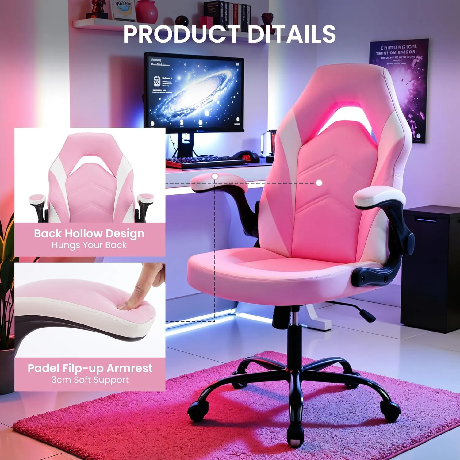Ergonomic Gaming Chair with Adjustable PU Leather Seat, Flip-Up Armrests, and Swivel Design, Perfect for Home Office, Gaming, or Entertainment – Ideal for Adults, Kids, and Gamers, Pink/White